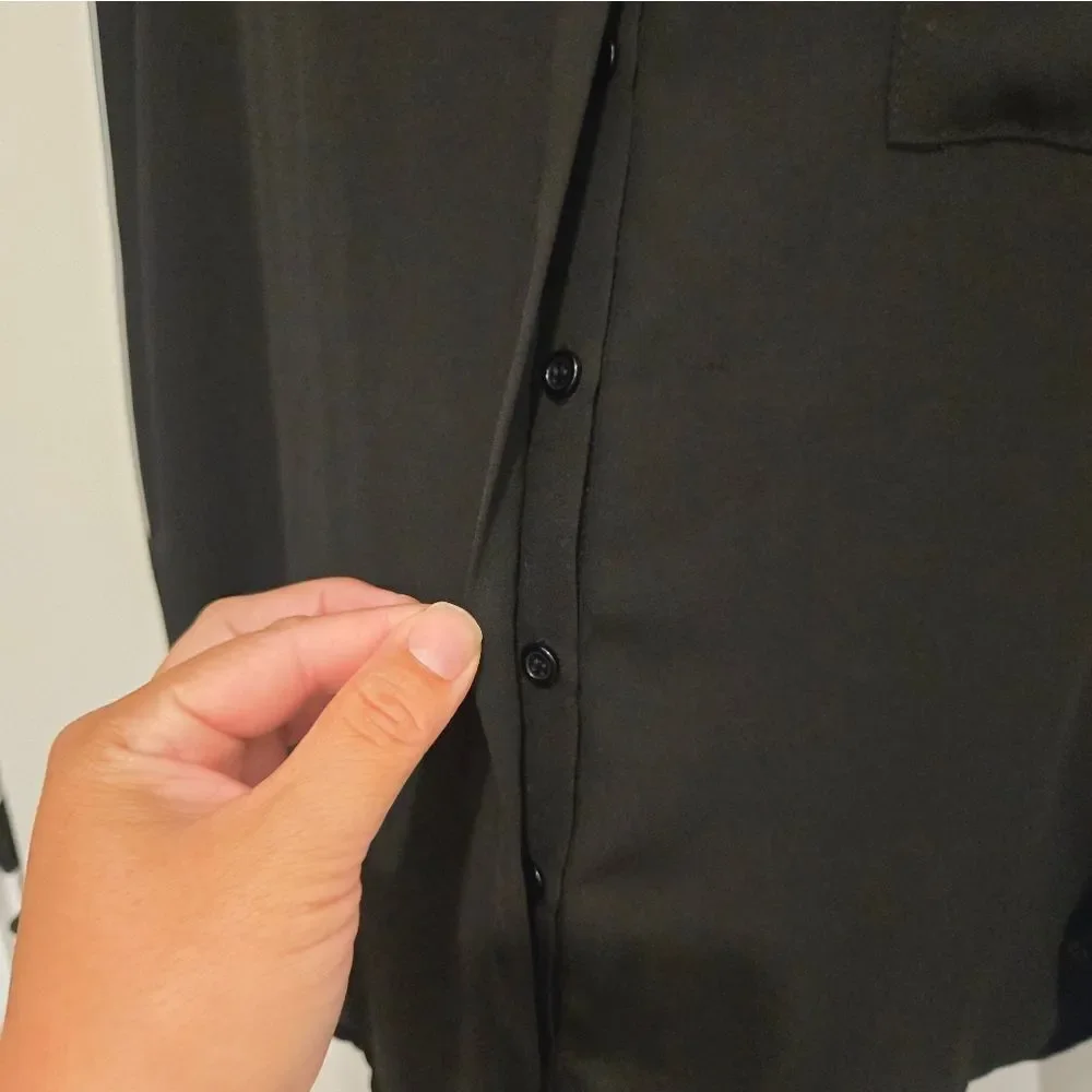 Pleione High Low Black Long Sleeve Button Up Blouse With Back Pleated Detail - Picture 6 of 10